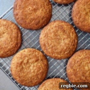 An overhead shot of freshly baked paleo and gluten-free snickerdoodles cooling on a wire rack.