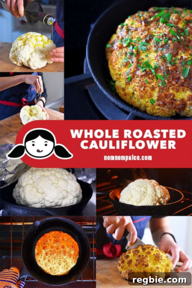 A collage showing various steps of preparing Whole Roasted Cauliflower, from trimming to seasoning.