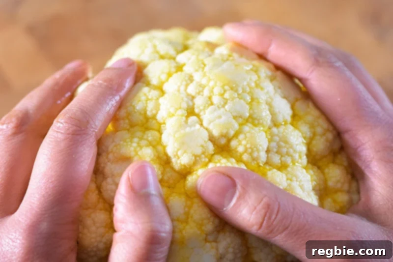 Two hands are massaging olive oil onto the surface of a small head of cauliflower, ensuring an even coating.