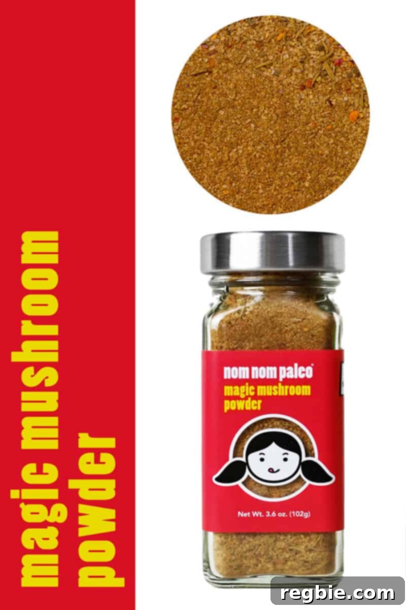 Umami-Rich Roasted Chicken Whole30 Keto 3 A close-up image of the Nom Nom Paleo Magic Mushroom Powder bottle next to a small bowl of the rich, earthy spice blend.