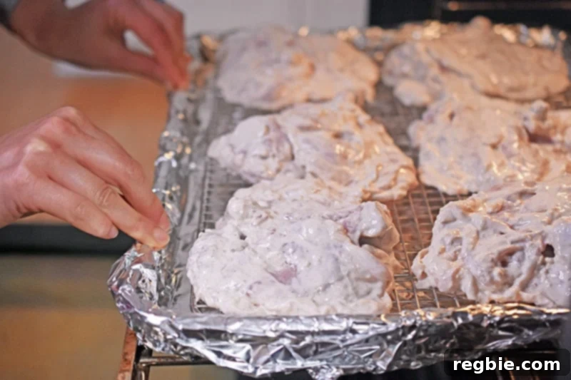 Umami-Rich Roasted Chicken Whole30 Keto 8 A baking tray of Umami Roast Chicken thighs, skin-side down on a wire rack, being carefully placed into a preheated oven.