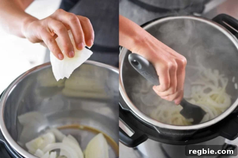 Creamy Instant Pot Lemongrass Coconut Chicken 13 Thinly sliced onions sautéing in ghee or coconut oil within an Instant Pot, turning translucent.