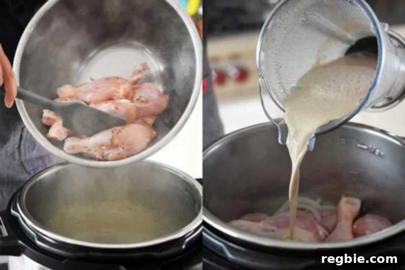 Creamy Instant Pot Lemongrass Coconut Chicken 14 Adding the seasoned chicken and the creamy coconut milk marinade to the Instant Pot with sautéed onions.