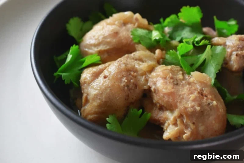 Creamy Instant Pot Lemongrass Coconut Chicken 3 An overhead shot of a bowl of Instant Pot Paleo Lemongrass and Coconut Chicken, ready to be enjoyed.
