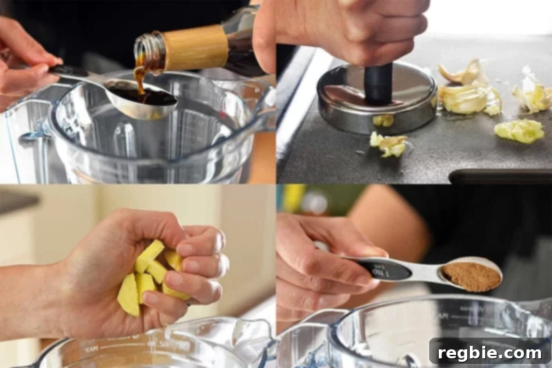 Combining the key aromatic ingredients like lemongrass, garlic, ginger, and sauces into a blender for the chicken marinade.