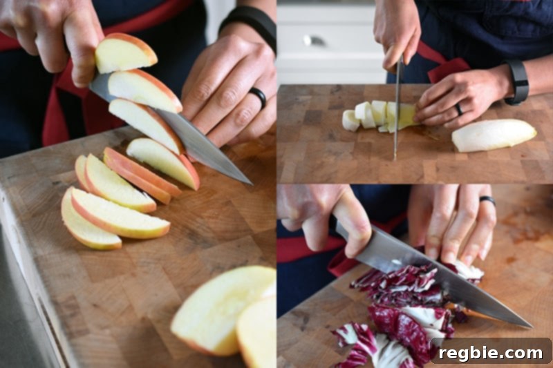 Golden Apple & Bitter Greens 4 Someone chopping up the ingredients for the paleo and whole30 endive salad.