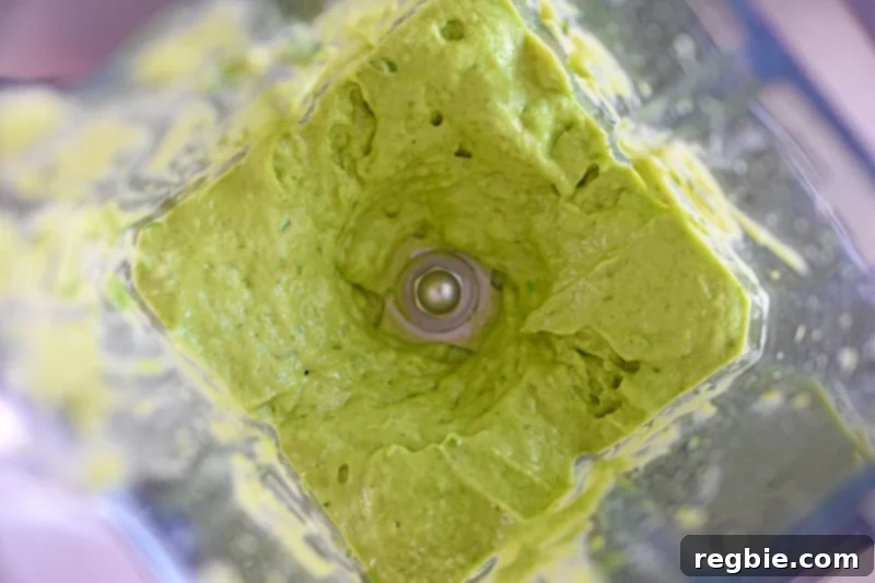 Perfectly blended dairy-free and paleo avocado crema in a high-speed blender, ready to be served.