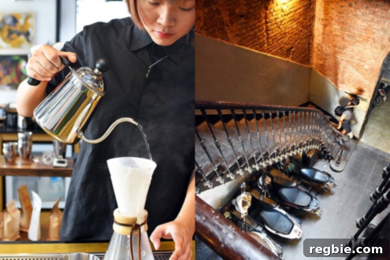 Enjoying artisanal coffee at The Workshop in Saigon, Vietnam.