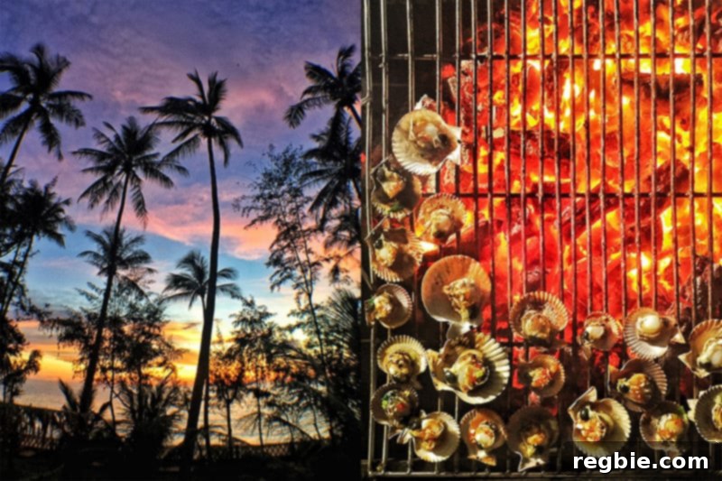Freshly grilled seafood at a beach barbecue, embodying the flavors of Phú Quốc.