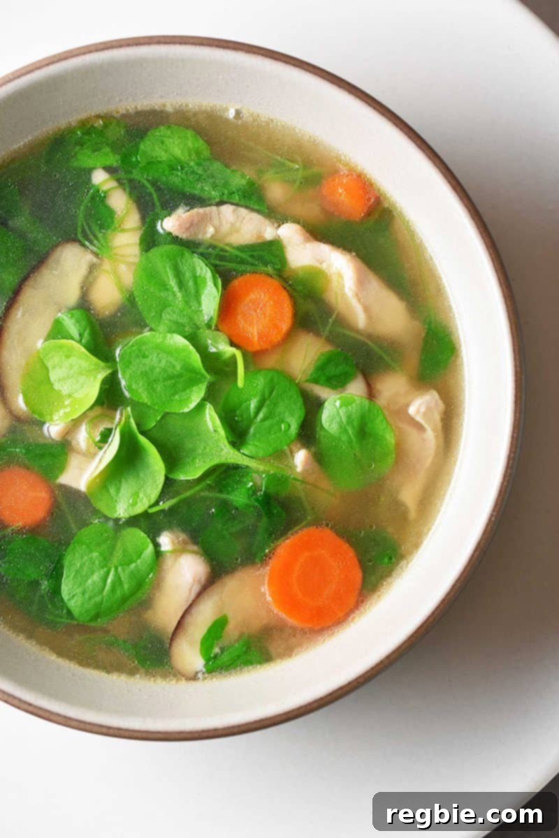 A comforting bowl of Whole30-friendly Watercress and Chicken Soup, garnished with fresh watercress.
