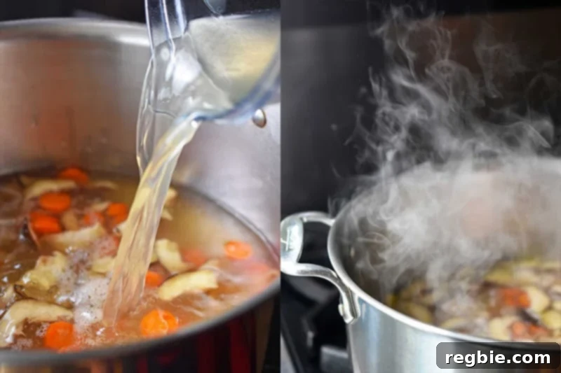 Pouring rich, savory broth into the saucepan, mingling with the aromatic vegetables for Watercress & Chicken Soup.