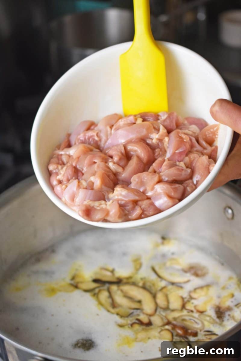 Adding a bowl of marinated, thinly sliced chicken thighs to the simmering pot of Watercress & Chicken Soup.