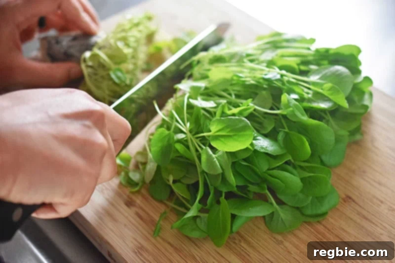 Carefully cutting the roots off a bunch of fresh, vibrant watercress leaves.