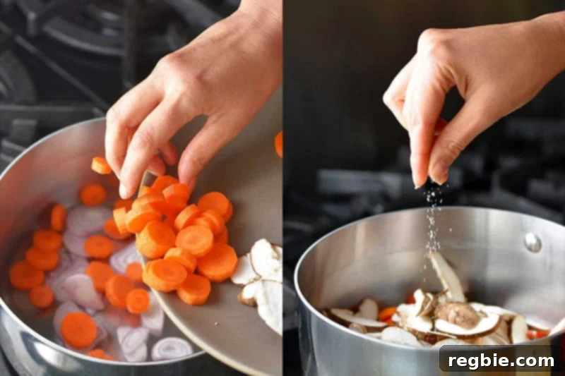 Sautéing shallots, carrots, and shiitake mushrooms in a large saucepan, releasing their aromatic flavors.