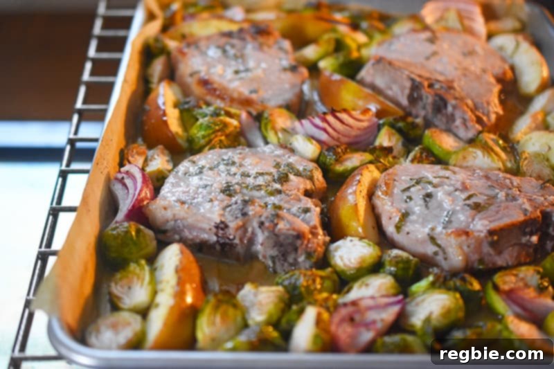 A shot of Sheet Pan Pork Chop Supper baking in the oven, showing the ingredients beginning to brown.