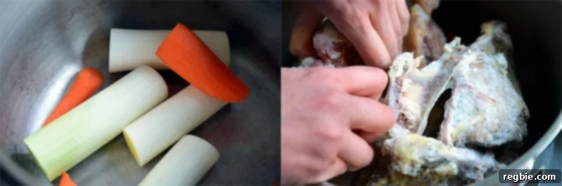 Nourishing Instant Pot Bone Broth 4 The inside of a pressure cooker filled with raw carrot pieces and leeks, with frozen chicken bones being added.