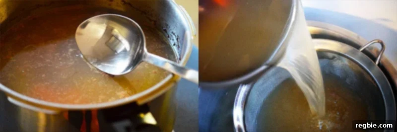 Nourishing Instant Pot Bone Broth 7 Using a spoon to skim the top of Instant Pot bone broth and pouring it through a fine mesh sieve for straining.