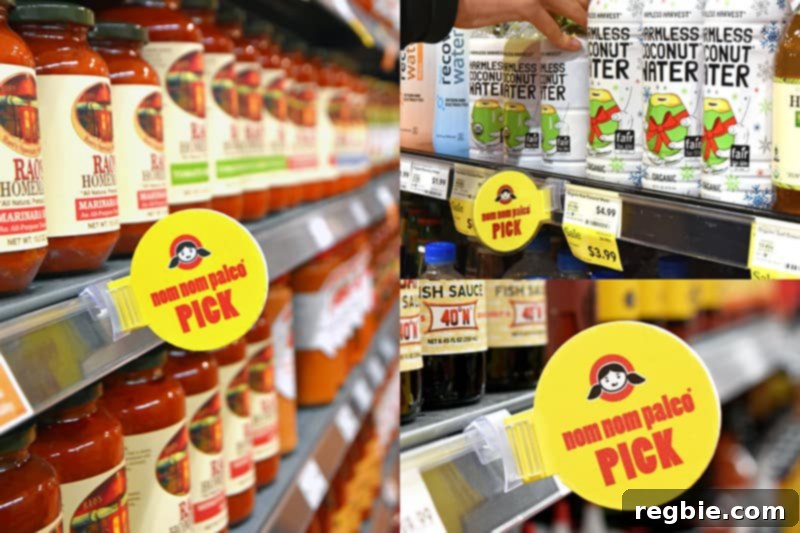Close-up of a Nom Nom Paleo shelf dot with Michelle Tam's face, guiding shoppers.