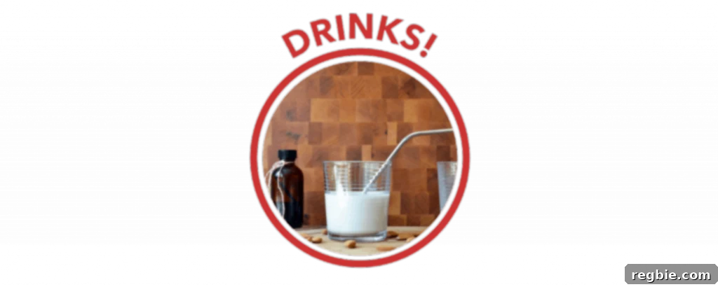Mastering Your Paleo Pantry 11 A red circle with the label "DRINKS!" on top. Inside the circle is a glass of homemade almond milk.