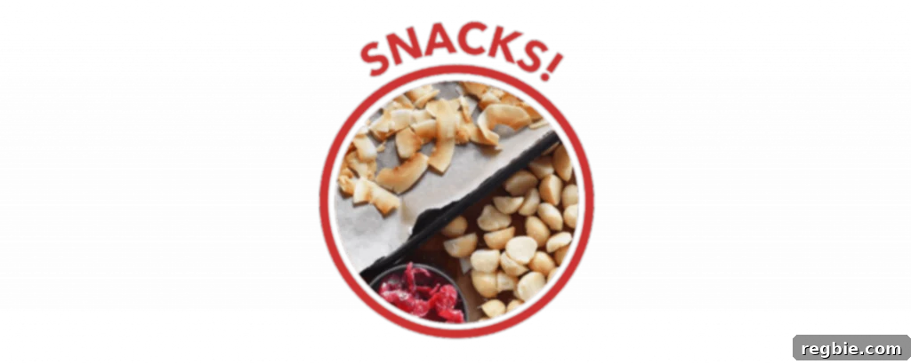 Mastering Your Paleo Pantry 12 A red circle with the label "Snacks!" on top. Inside are toasted coconut flakes, macadamia nuts, and freeze dried strawberries.