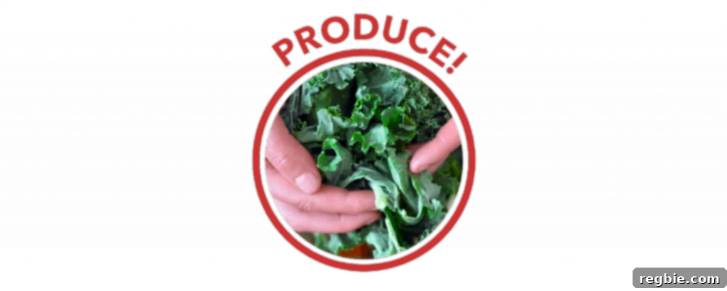 Mastering Your Paleo Pantry 5 A red circle with the word "Produce!" on top. Inside the circle are two hands grabbing a bunch of kale.
