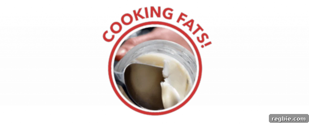 Mastering Your Paleo Pantry 7 A red circle labelled "Cooking Fats!" on top. Inside the circle is a spoon scooping lard from a jar.