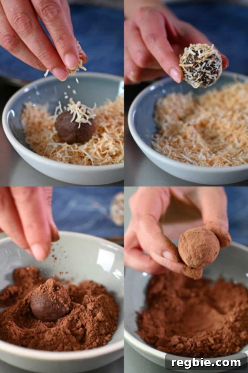 Four shots showing paleo and vegan truffles being coated in toasted shredded coconut or unsweetened cocoa powder, illustrating the coating process.