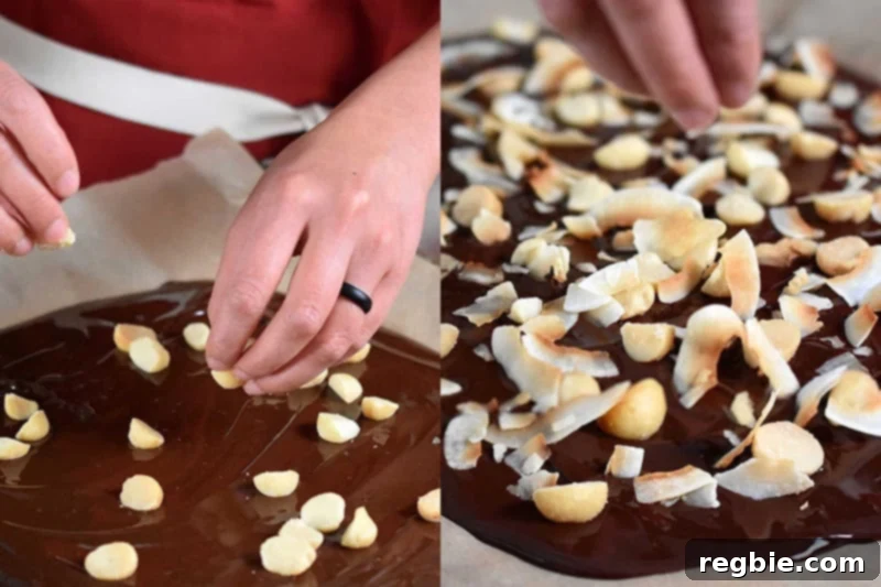 Coco-Nutty Dark Bark by Michelle Tam / Nom Nom Paleo https://nomnompaleo.com showing macadamia nuts and toasted coconut sprinkled on chocolate.