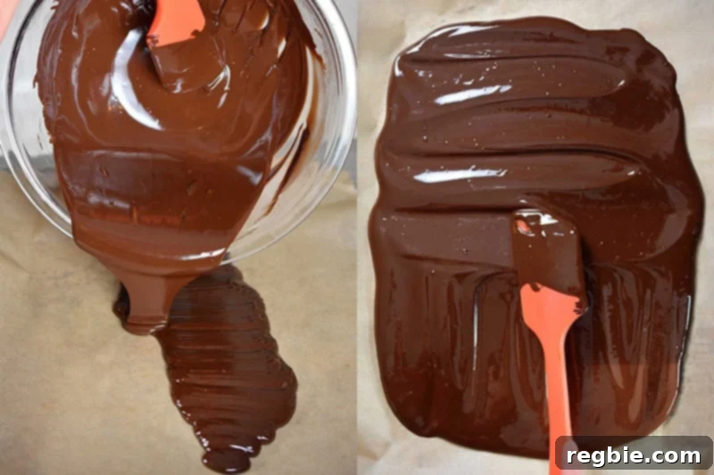 Coco-Nutty Dark Bark by Michelle Tam / Nom Nom Paleo https://nomnompaleo.com showing melted dark chocolate being spread on parchment paper.