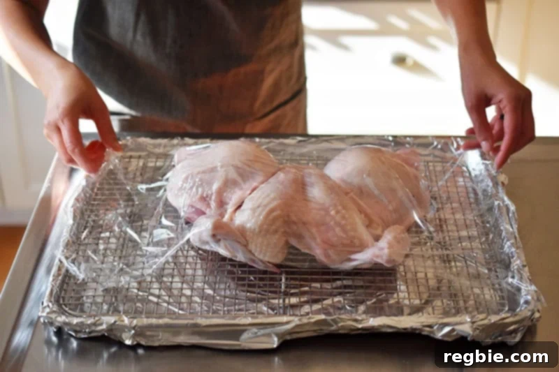 Transform Chicken with Herb Butter Spatchcock Juicy and Crispy 14 A raw spatchcocked chicken on a wire rack in a rimmed baking sheet is covered with plastic wrap, ready for dry brining in the fridge.