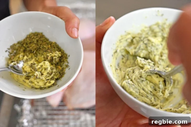 Transform Chicken with Herb Butter Spatchcock Juicy and Crispy 15 Mixing softened butter or ghee with dried herbs in a bowl to make herb butter.