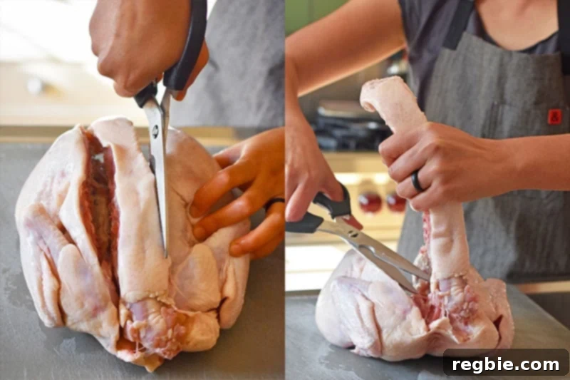 Transform Chicken with Herb Butter Spatchcock Juicy and Crispy 6 Cutting both sides of the backbone out of a raw whole chicken.