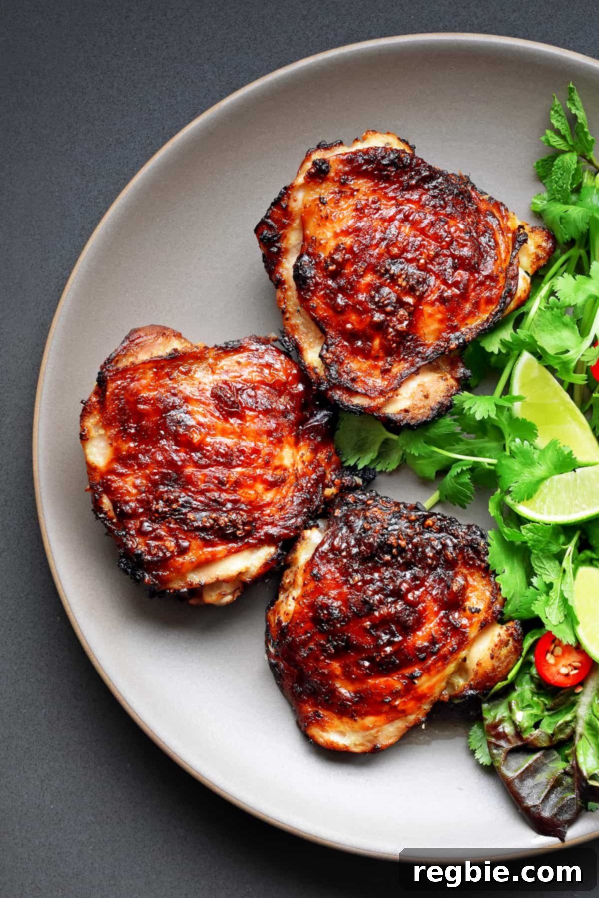 A closeup overhead shot of perfectly cooked Vietnamese Lemongrass Chicken on a plate, garnished with fresh herbs.