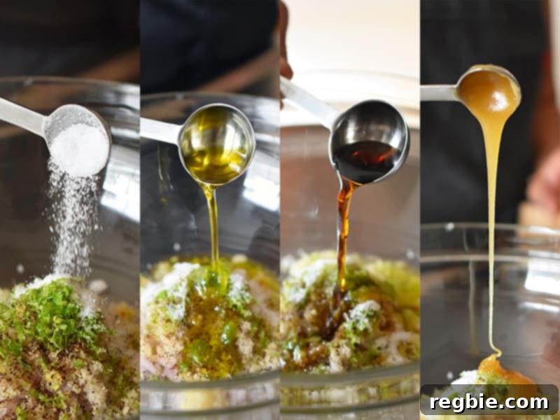 Adding the final ingredients – salt, olive oil, fish sauce, and honey – to complete the Vietnamese Lemongrass Chicken marinade.
