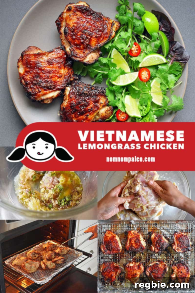 A collage of the cooking steps for Whole30, paleo, Vietnamese Lemongrass Chicken showing preparation of ingredients and finished dish.