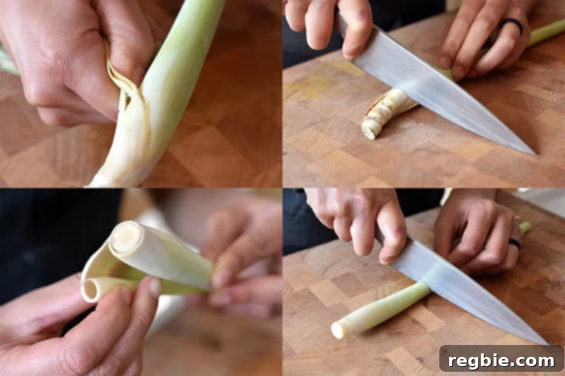 Cutting and trimming fresh lemongrass stalks to extract the tender, flavorful core for Vietnamese Lemongrass Chicken.