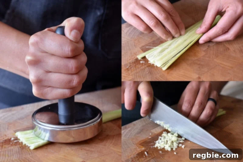 Smashing a piece of lemongrass with a meat pounder before mincing with a kitchen knife, to prepare it for the marinade.