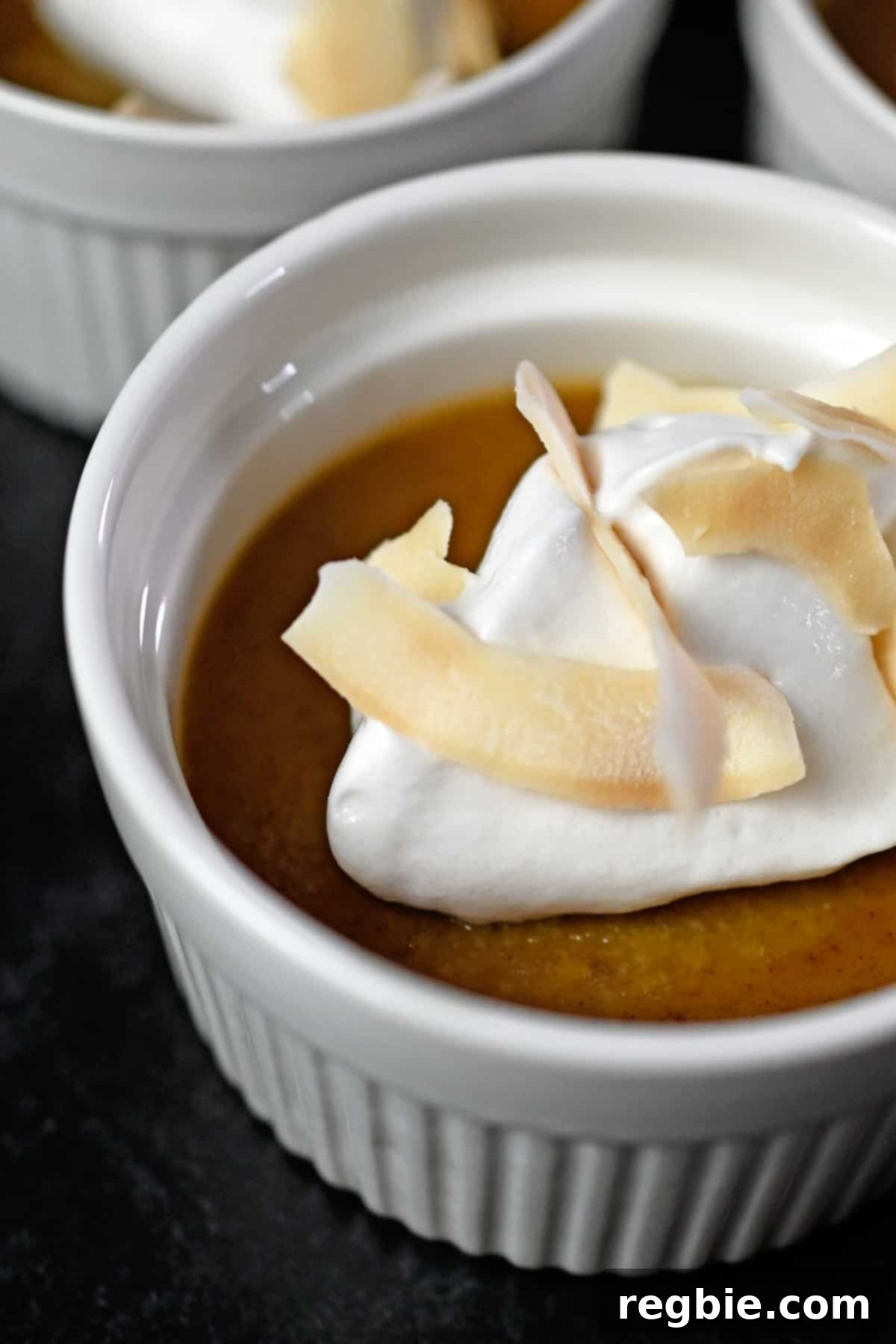 Decadent Paleo Pumpkin Custard 15 Close up photo of a single paleo pumpkin custard in a white ramekin, beautifully topped with a swirl of whipped coconut cream and a scattering of toasted coconut flakes, ready to be enjoyed.