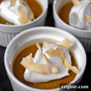 Decadent Paleo Pumpkin Custard 17 Close up photo of three paleo pumpkin custards topped with whipped coconut cream and toasted coconut flakes.