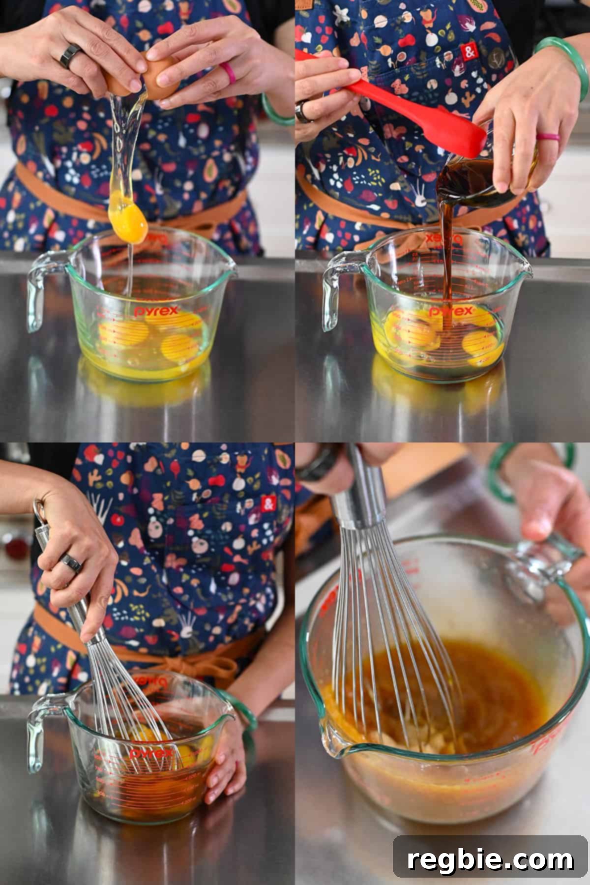 Decadent Paleo Pumpkin Custard 6 Four sequential shots showing a person whisking together four raw eggs with maple syrup in a large measuring cup, demonstrating the process.