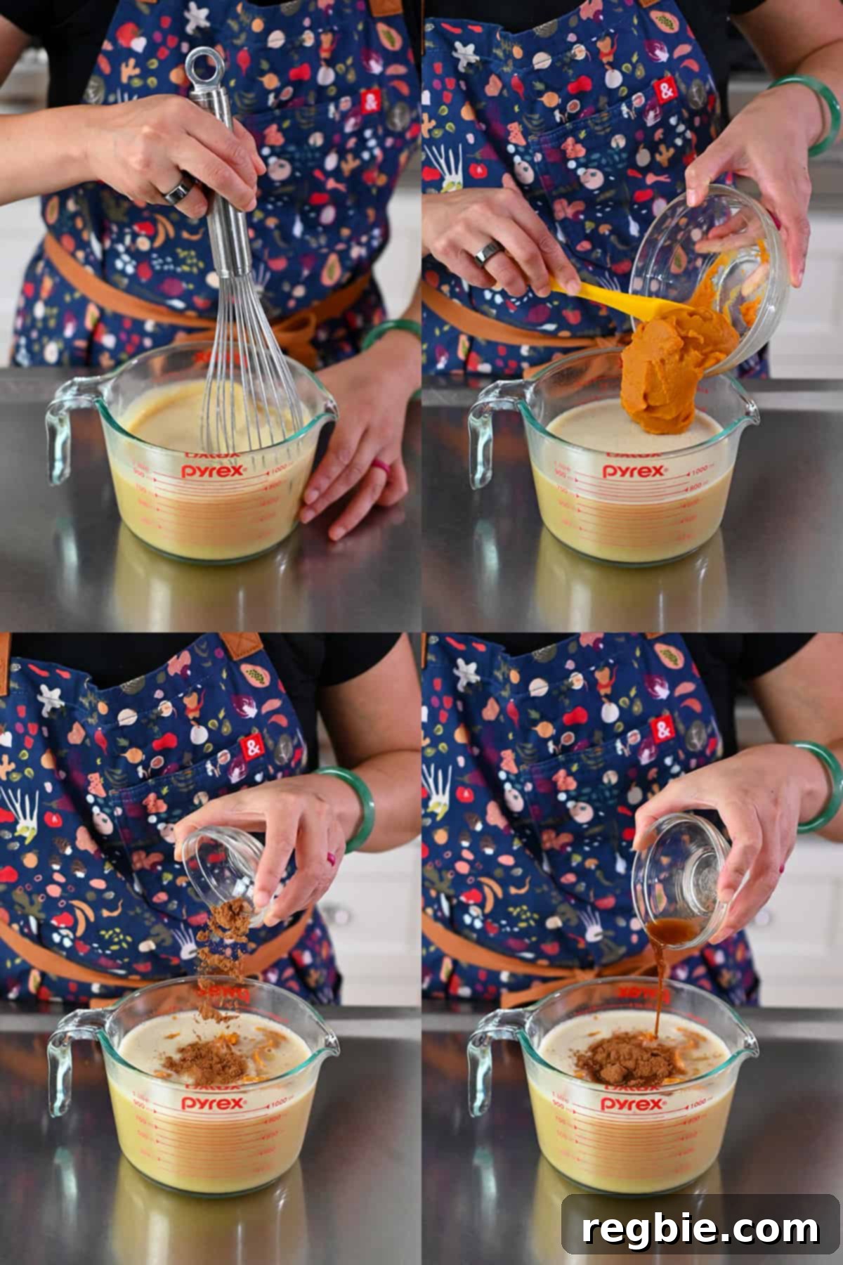 Decadent Paleo Pumpkin Custard 8 Four sequential shots show someone in an apron adding pumpkin puree, pumpkin spice, and vanilla extract to a measuring cup filled with whisked raw eggs and coconut milk, showcasing the ingredient addition.