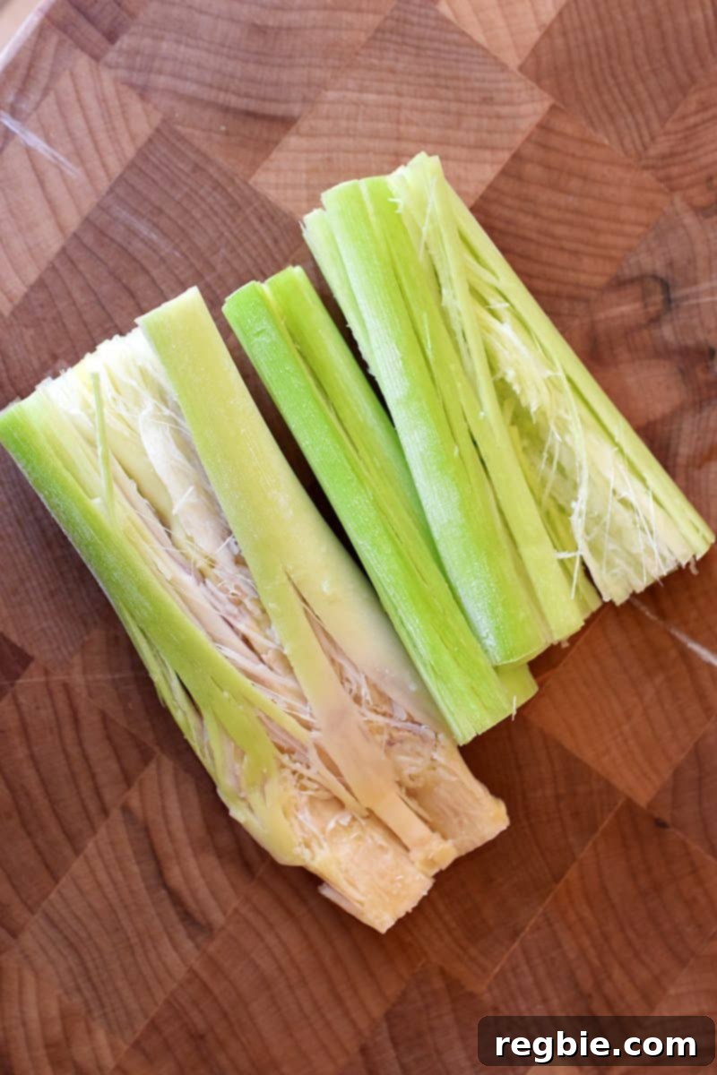 Lemongrass Cooking Guide 12 Trimmed lemongrass that has been pounded with a mallet. This lemongrass is ready for soups and stews.
