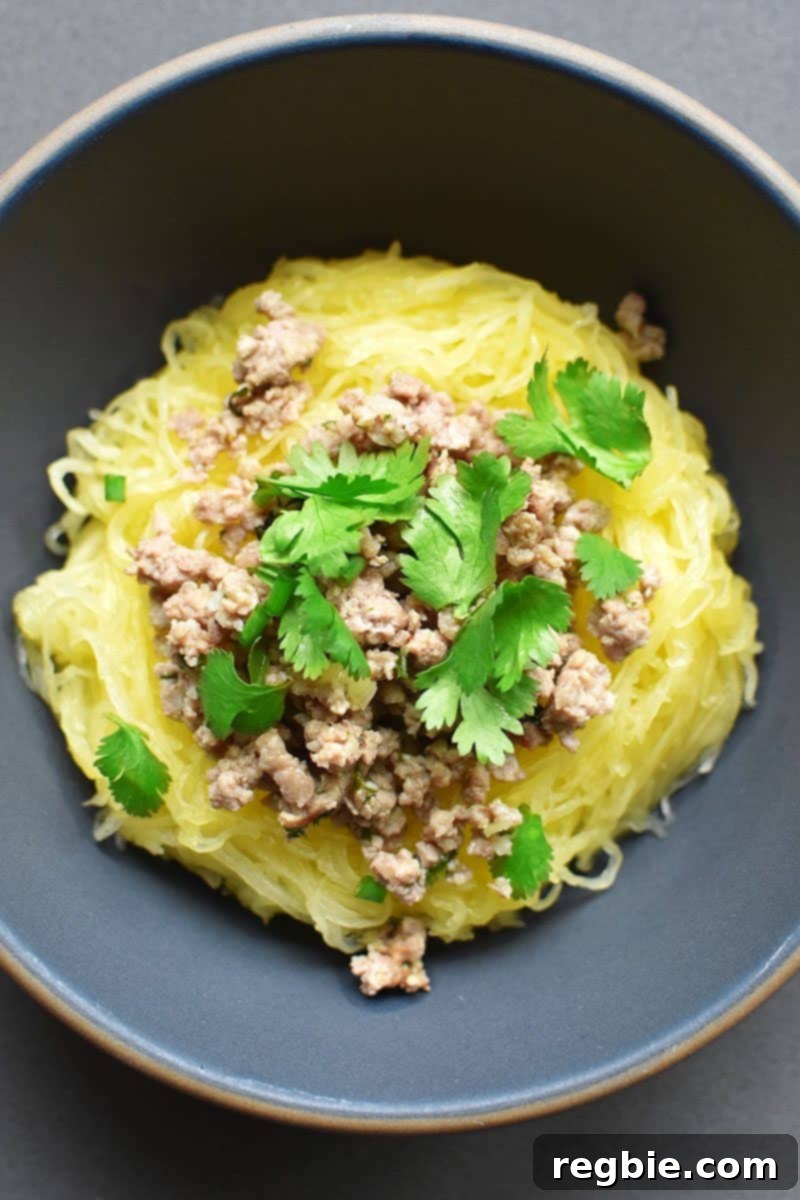 Quick Foolproof Instant Pot Spaghetti Squash 2 An overhead shot of a vibrant bowl of Instant Pot spaghetti squash, elegantly topped with savory stir-fried ground pork and fresh cilantro, showcasing a healthy and delicious meal.
