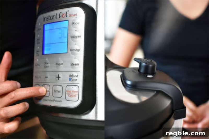 Quick Foolproof Instant Pot Spaghetti Squash 11 The left image shows a finger pressing the 'Manual' button on an Instant Pot to set the cooking time. The right image depicts the pressure release valve being switched to the quick release position after cooking.