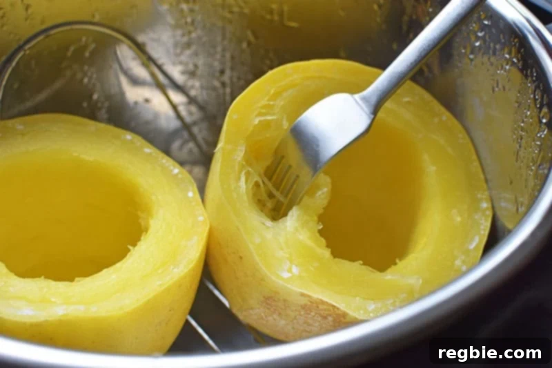 Quick Foolproof Instant Pot Spaghetti Squash 12 A close-up of an open Instant Pot after the spaghetti squash has cooked. A fork is used to pull apart the bright yellow flesh into noodle-like strands, demonstrating perfect doneness and texture.