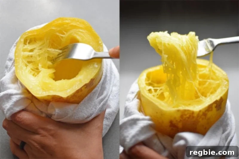 Quick Foolproof Instant Pot Spaghetti Squash 13 The left image shows a hand holding a cooked Instant Pot spaghetti squash half with a white dish towel for easy handling. The right image shows a fork being used to pull up the cooked squash into long, spaghetti-like strands, ready to serve.
