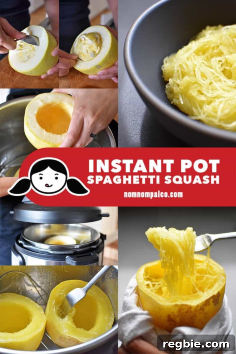 Quick Foolproof Instant Pot Spaghetti Squash 4 A visual guide showing the process of cooking spaghetti squash in an Instant Pot, from squash halves to placement inside the pressure cooker, highlighting the ease of the method.