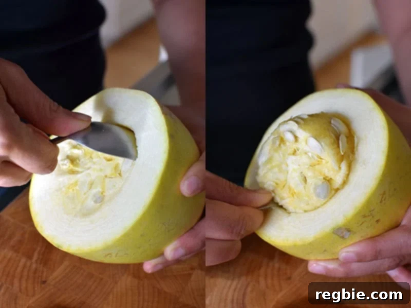 Quick Foolproof Instant Pot Spaghetti Squash 7 Two side-by-side images showing the process of using a large spoon to efficiently scoop out the seeds and stringy pulp from horizontally cut spaghetti squash halves, a key preparation step.
