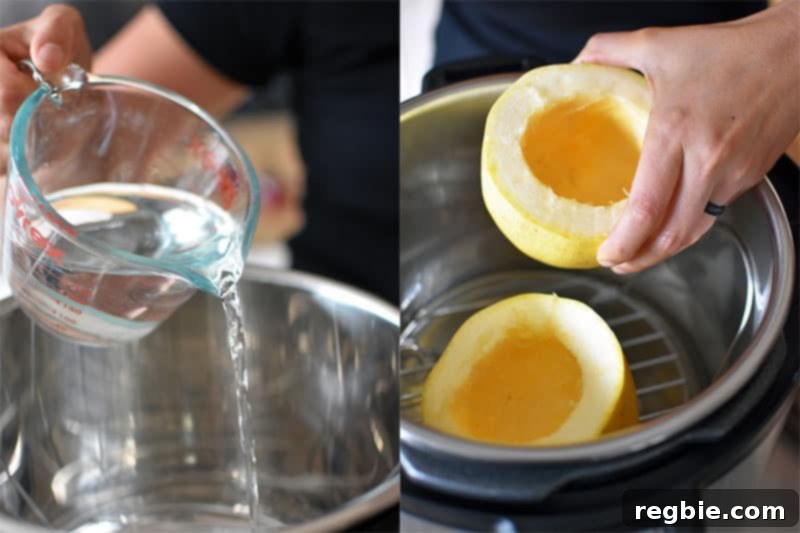 Quick Foolproof Instant Pot Spaghetti Squash 9 The left image shows water being poured into an Instant Pot's inner pot. The right image shows a hand gently lowering two halves of a spaghetti squash onto a steaming rack inside the Instant Pot.