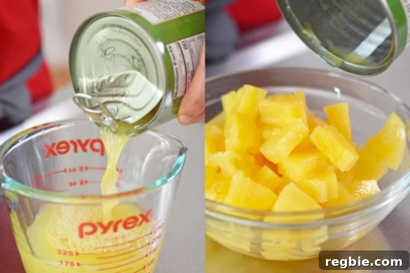 Draining and reserving the juice from a can of pineapple.